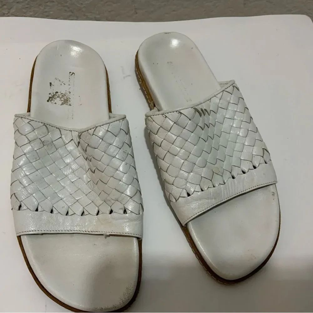 Sesto Meucci white tan Leather Woven Slide Sandals size 5